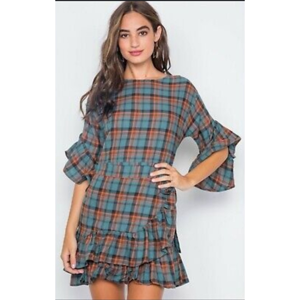 NWOT Blue Plaid Shirred Hem Front-Tie Mini Dress by Hot & Delicious NEW